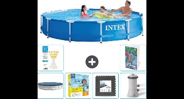 Intex Rond Frame Zwembad - 366 x 76 cm - Blauw - Inclusief Afdekzeil - Onderhoudspakket - Vloertegels - Zwembadfilterpomp - 7-delig