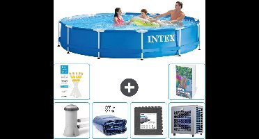 Intex Rond Frame Zwembad - 366 x 76 cm - Blauw - Inclusief Pomp Solarzeil - Vloertegels - Warmtepomp - 7-delig