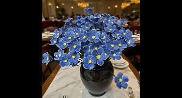 Set van 10 Handgemaakte Keramieken Bloemen - Blauwe Kleurechte Kunstbloemen op Steel (37 cm), voor Binnen en Buiten, Vaas en Tuin