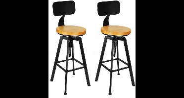 Barkruk - Barkruk Industrieel – Houten Barkruk – Barkrukken Set van 2 – Barkruk met Rugleuning - Bar Stool – Houten Zitvlak - Barkrukken met Voetensteun - Stoel 64-84Cm - Zwart