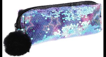 Etui pailletten pompom multi kleuren - glanzend etui school.