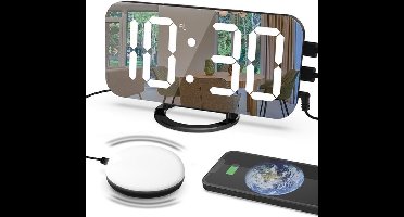 Digitale Spiegelwekker met Trilfunctie - Super Shaker voor Zware Slapers - Dual USB Oplaadpoort - Groot LED Scherm - Automatische Dimmer & Snooze - Nachtlampje - Zwart
