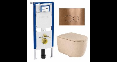 QeramiQ Dely Swirl Toiletset - 36.3x51.7cm - Geberit UP720 Duofix Sigma inbouwreservoir - 35mm zitting - koperen bedieningsplaat - ronde knoppen - beige