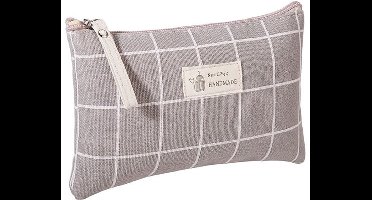 Canvas make-up tas voor dames – multifunctionele cosmetica opbergtas, reis toilettas en etui – draagbare make-uptas met rits, ruime opbergzak in verschillende designs en kleuren – stijlvolle toilettas voor dagelijks gebruik en op reis(Grijs Ruit)