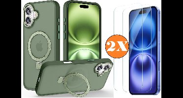 Hoesje Geschikt voor iPhone 16 Plus MagSafe Hoesje met Ring Stand Groen - Hoesje MagSafe iPhone 16 Plus Screenprotector Gehard Glas 2X