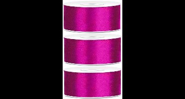 3x Hobby/decoratie fuchsia roze satijnen sierlinten 2,5 cm/25 mm x 25 meter - Cadeaulinten satijnlinten/ribbons- Fuchsia roze linten - Hobbymateriaal benodigdheden - Verpakkingsmaterialen