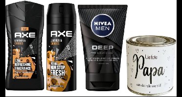 Axe Cadeauset Cookies & Leather Papa - Axe Deo Spray 150 ml Collision Leather - Axe Showergel 250 ml Collison Leather & Cookies - Nivea Men Reinigingsgel Gezicht Deep 100 ml