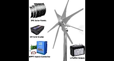 Windturbine – Windgenerator – Windmolen – Duurzame Energie – 3000W – Hybride Zonnestroom – Off-Grid Energie – Fiberglass Bladen – IP54 Beschermd - 12V - Met Batterijsysteem