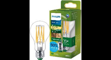 Philips UltraEfficient LED lamp - 75W - E27 fitting - Warmwit licht: 2700K - Dimbaar - Helder glas - A60 lampvorm - Lange levensduur