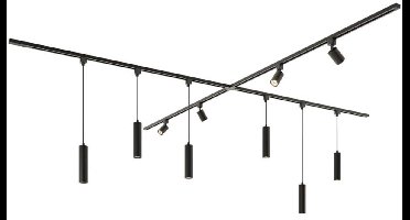 HOFTRONIC taros railverlichting pakket x-vorm – 4x 1,5 meter railsysteem – 4 railspots 6 hanglampen – 2700K warm wit dimbaar – aluminium zwart – IP20 – 230V – railverlichting woonkamer keuken