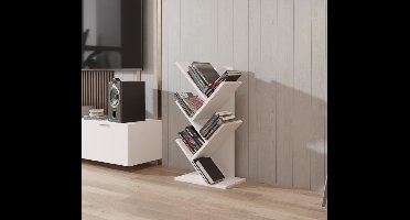 Moderne boekenplank met 5 lagen, vrijstaand opbergrek – ruimtebesparende houten boekenkast voor bureau, woonkamer, slaapkamer, thuiskantoor of keuken – elegante witte MDF-displayplank – eenvoudige