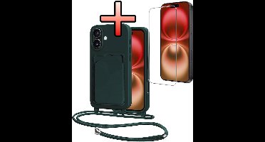 Hoes Geschikt voor iPhone 16 Plus Hoesje Pasjeshouder Cover Met Koord Case Siliconen Hoes Met Telefoonkoord en Kaarthouder Met Screenprotector - Donkergroen