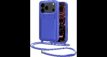 Hoes Geschikt voor iPhone 17 Pro Max Hoesje Pasjeshouder Cover Met Koord Case Siliconen Hoes Met Telefoonkoord en Kaarthouder - Felblauw