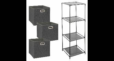 Kastmandjes/opberg manden - donkergrijs - 3x stuks van 29 Liter - In metalen rekje van 34 x 98 cm