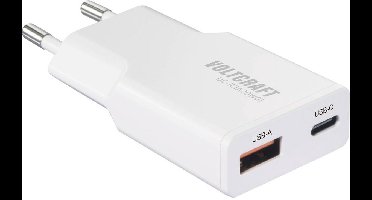 VOLTCRAFT UC-1C1A20W01 USB-oplader 20 W 1x USB-A, 1x USB-C Fast Charge, USB PD 3.0 Wit GaN