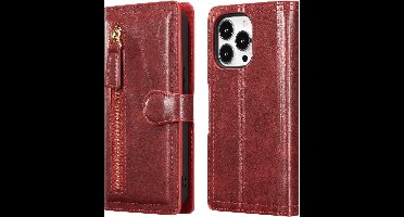 LuxeBass Hoesje geschikt voor Apple iPhone 13 Mini - Boekhoesje - Rood - Vintage portemonne hoes met ritssluiting gsm hoesje - telefoonhoes - telefoonhoesjes