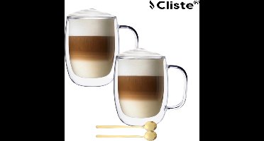 Dubbelwandige Koffieglazen Met Oor Met Gratis 2x Goud Lepels - Latte Macchiato Glazen - 400ML - Dubbelwandige Theeglazen - 2x - Cappuccino Glazen
