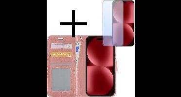 Hoesje - Met Screenprotector - Geschikt voor Apple iPhone 15 Plus - Luxe Pasjeshouder - Bookcase Portemonee - Flip Case - Kunstleer Book Case - Flipcase - Book Cover - Walletcase - Portemonneehoes - Rosé goud