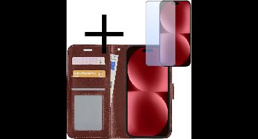 Hoesje - Met Screenprotector - Geschikt voor Apple iPhone 15 Plus - Luxe Pasjeshouder - Bookcase Portemonee - Flip Case - Kunstleer Book Case - Flipcase - Book Cover - Walletcase - Portemonneehoes - Bruin