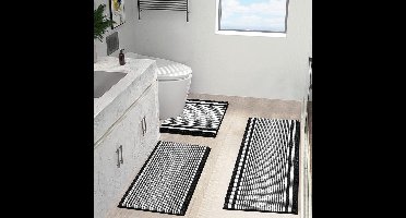 Badmatset, 3-delig, antislip, wasbaar, 81 x 51 cm + 66 x 44 cm en U-vormige contour wc-tapijt 51 x 51 cm, microvezel chenille absorberend, voor badkamer, zwart