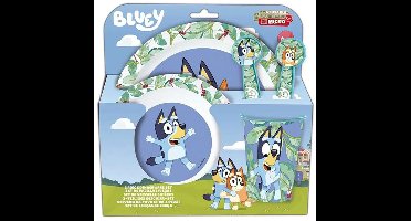 Bluey Kinderservies - 5-delig - Herbruikbaar - Inclusief bord, kom, bestek en beker - Vaatwasser- en microgolfbestendig & BPA-vrij - Wit/Blauw