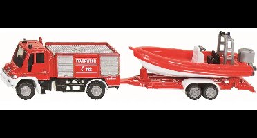 SIKU 1636, Brandweer Unimog met boot, 1:87, metaal/kunststof, rood, drijvende boot