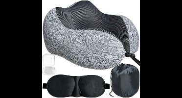 Memory Foam Nekkussen - Inclusief Slaapmasker En Oordopjes - Reiskussen - Travel Pillow - Neksteun Voor Reizen Auto Vliegtuig - Grijs