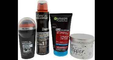L’Oréal Men Expert Carbon & Garnier Heren Cadeauset – Deo Spray, Deo Roller, Reinigingsgel & Snoepblikje “Echte Topper” – Cadeau voor Mannen