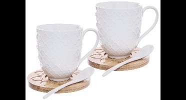 Orion WHITELINE - Porseleinen Mok Set - 370 ml - Met Bamboe Onderzetters - Inclusief Lepels