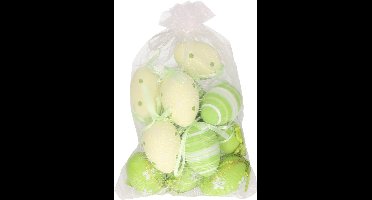 Wurm Paaseieren - 12x stuks - groen - 6 cm - in organza zakje - paasversiering - paasdecoratie - pasen