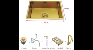 Gouden Wastafel – Badkamerbakje – Fontein – Waskom – RVS 304 – Compact 60x40 CM – Bovenop Aanrecht Of Onderbouw – Geborsteld Roestvrij Staal – Duurzaam & Stijlvol