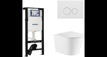 QeramiQ Dely Toiletset - 36.3x51.7cm - diepspoel - rimless - Inbouwreservoir met Geberit UP320 spoelmechanisme - softclose toiletzitting - mat witte bedieningsplaat - ronde knoppen - wit glans