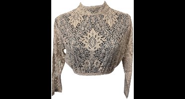 Dirndl Blouse Bloemmotief - Koffiecrème - Kant Hoge Hals - Dames - Maat L