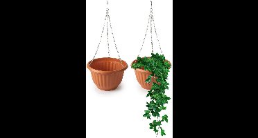 Plasticforte Plantenpot - 2x - hangend - kunststof - terracotta - D25 x H15 cm - bloempot aan ketting
