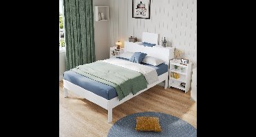Gutent Houten bed -140*200cm-met lattenbodem en hoofdeinde-met 2 uitschuifbare hoofdeinden-Junior bed-met opbergruimte-Wit-Geen matras