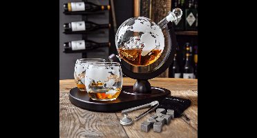 MikaMax Globe Whiskey Decanter Deluxe  - Luxe Uitvoering - Whiskey Set - Whiskey Karaf - Whiskey Glazen - Whiskey Karaf - Incl. 2 Whiskey Glazen en Whiskey Stones - 900 ML