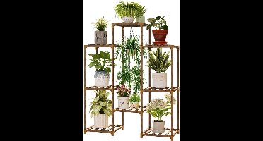 Smoakez - Houten Plantenstandaard voor Binnen en Buiten - Plantenrek met 3 Lagen en 7 Potten - Bloemenstandaard voor Vensterbank, Balkon en Tuin - Woonkamer Plantenhouder - Natuurlijke Plantenplank met Potladder