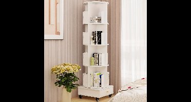Boekenrek – Boekenplank – Boekenkast – Opbergkast – Wit – 4-Lagen Met Lade – 360° Draaibaar Met Wieltjes