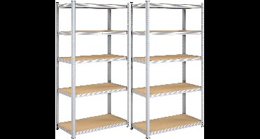 Sierra Stellingkast, GLR050E02 Set van 2 robuuste stalen planken, 5 planken, zonder schroeven, voor garage, magazijn, wasruimte, draagvermogen 600 kg, 50 x 100 x 200 cm, zilver