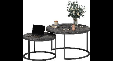 Ronde Salontafel Set – Bijzettafel – Koffietafel – Nachttafeltje – Woonkamertafel – Zwart Metalen Frame – Marmerlook Tafelblad – Stapelbaar – Compact & Ruimtebesparend