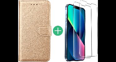 Hoesje Geschikt voor iPhone 13 Pro Max bookcase met 2 Pack Screenprotector gehard glas – Goud