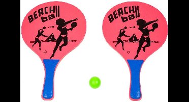 Houten beachball set roze met beachball print- Strand balletjes - Rackets/batjes en bal - Tennis ballenspel