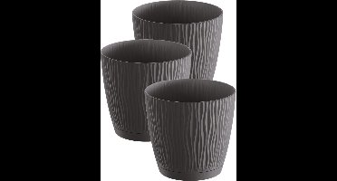 Prosperplast Plantenpot/bloempot Waves - 3x stuks - kunststof - antraciet - D17 x H16 cm - binnen/buiten - met opvangschaal