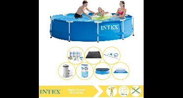 Intex Rond Frame Zwembad - 366 x 76 cm - Blauw - Inclusief Pomp - Afdekzeil - Onderhoudspakket - Filter - Grondzeil - Schoonmaakset - Solar Mat - 8-delig