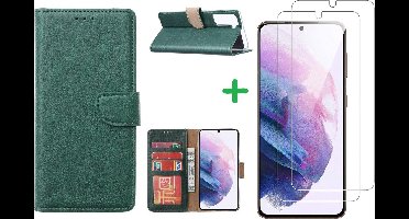 Hoesje Geschikt Voor Samsung Galaxy S21 FE hoesje bookcase Groen Met screenprotector / 2X tempered glass