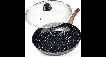 Koekenpan Graniet met Glazen Deksel BLACK&WOOD 32 cm - Multifunctionele Pan voor Vlees - Groenten
