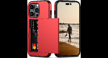 Hoesje Geschikt voor iPhone 14 Pro Hoesje Rood - shockproof Backcover met pasjeshouder - Ruimte voor 2 pasjes