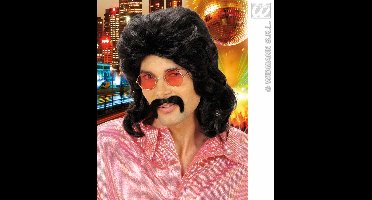 Disco pruik seventies man zwart met snor