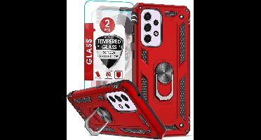 Hoesje Geschikt Voor Samsung Galaxy A33 Hoesje Anti-Shock Hybrid Armor hoesje Rood - Hoesje Geschikt Voor Samsung Galaxy A33 5G kickstand Ring houder TPU backcover hoesje - met screenprotector Galaxy A33 5G - 2 pack