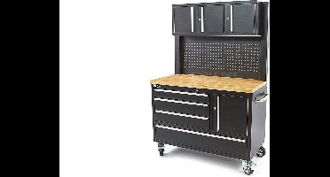 HBM 122 cm Profi Werkbank met Kastenwand en Houten Blad - ZWART